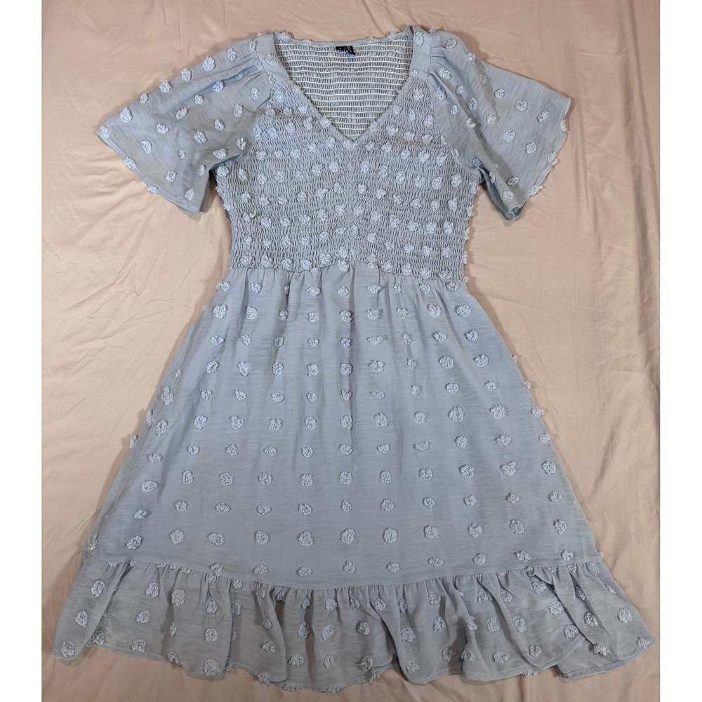 Zattcas Swiss Dot Smocked V-Neck Mini Dress S Blue Ruffle Hem Short Sleeve